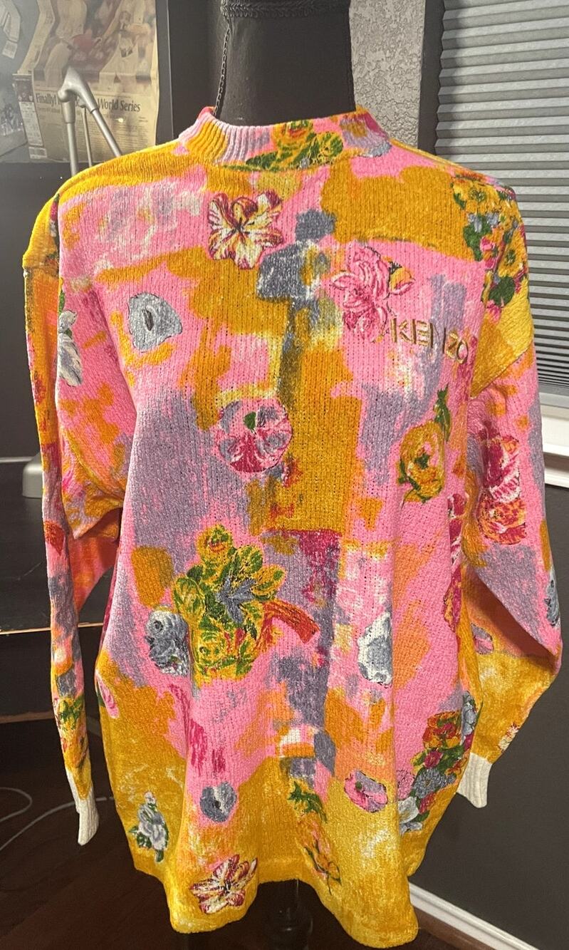 VTG 90s Kenzo Golf Intarsia Knit Sweater Floral Spellout Pink Orange Neon size 2